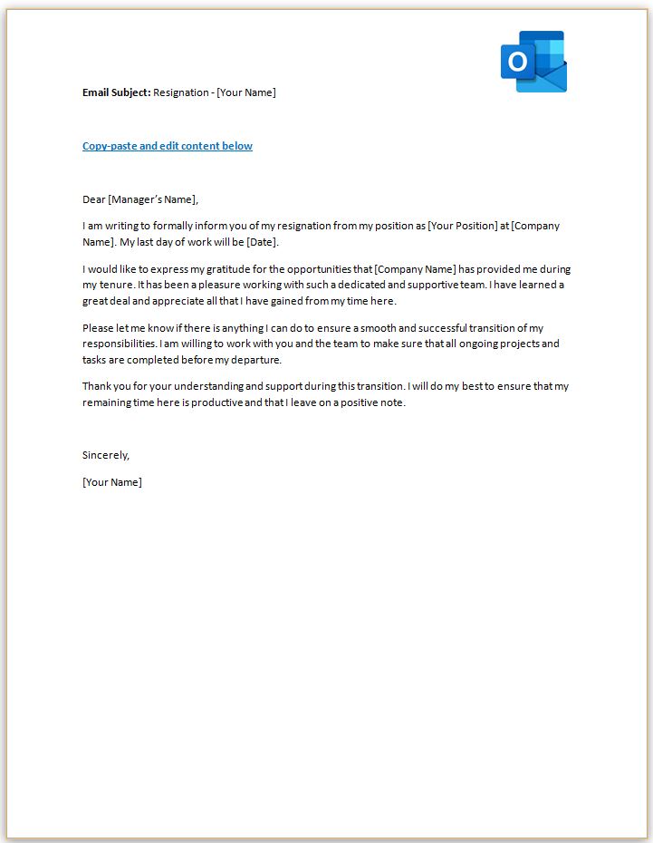 Polite Email formal resignation template